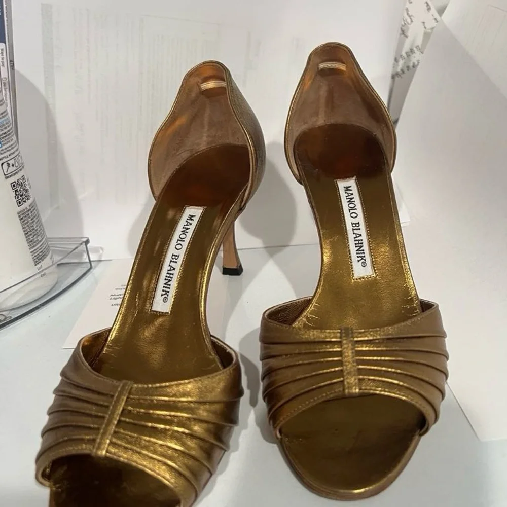 Manolo Blahnik Bronze Open-Toe Heels - Picture 1 of 6